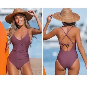 NWT CUPSHE Women's Release Happiness Ruched Tie Back One Piece Swimsuit S